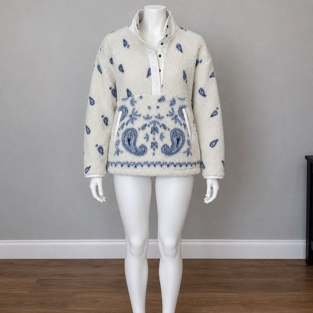 American Eagle Sherpa Pullover Women S White Blue Paisley Bandana Fleece Western